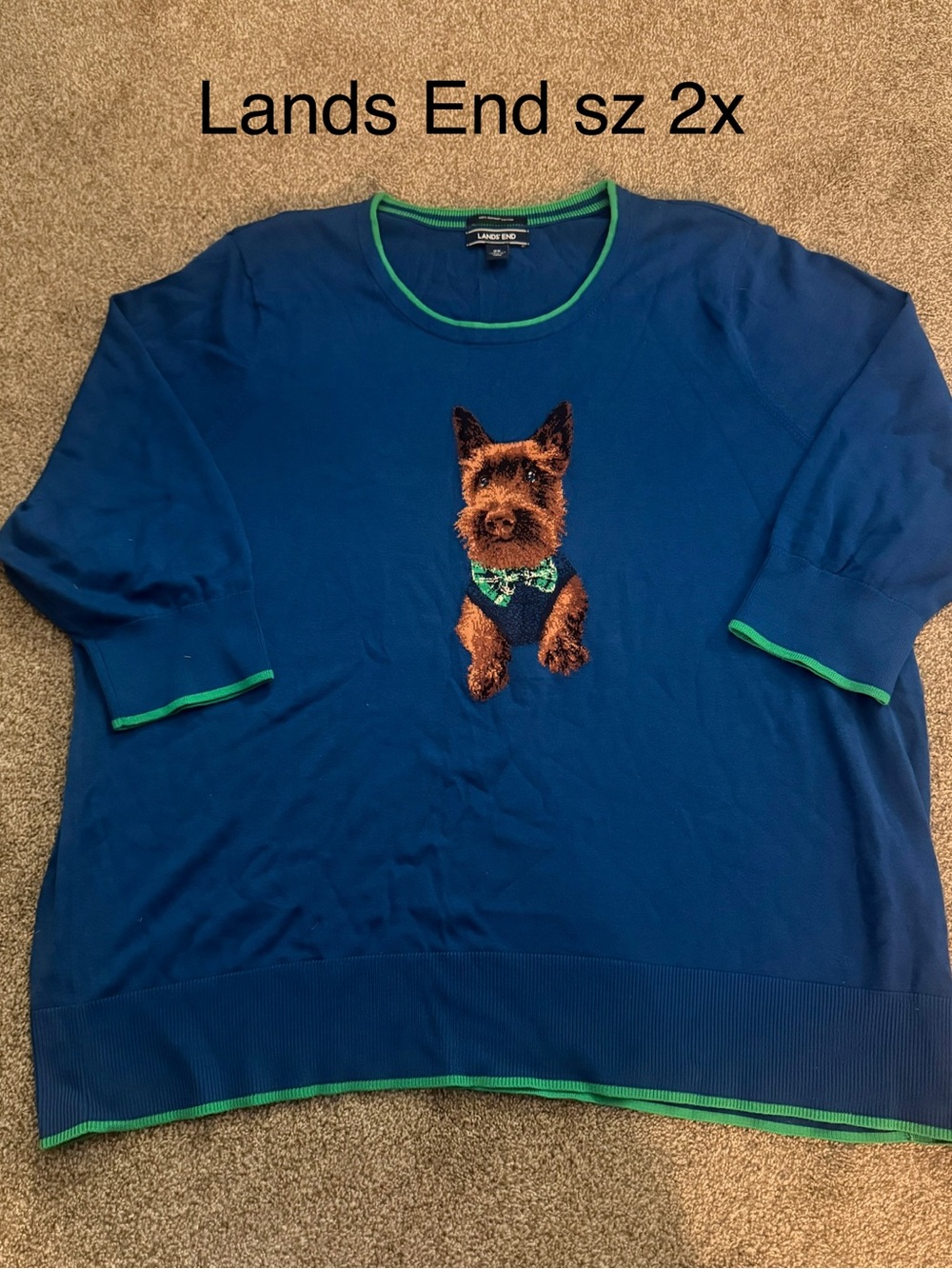 Lands' End Blue Sweater with Embroidered Terrier and Green Trim Sz 2x